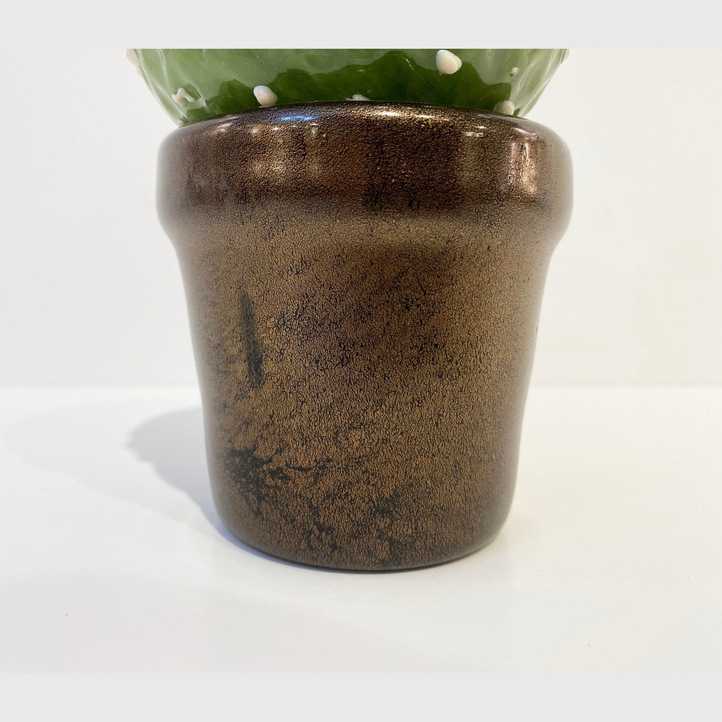 2000s Italian Moss Green White Murano Art Glass Cactus Plant with Red Flower