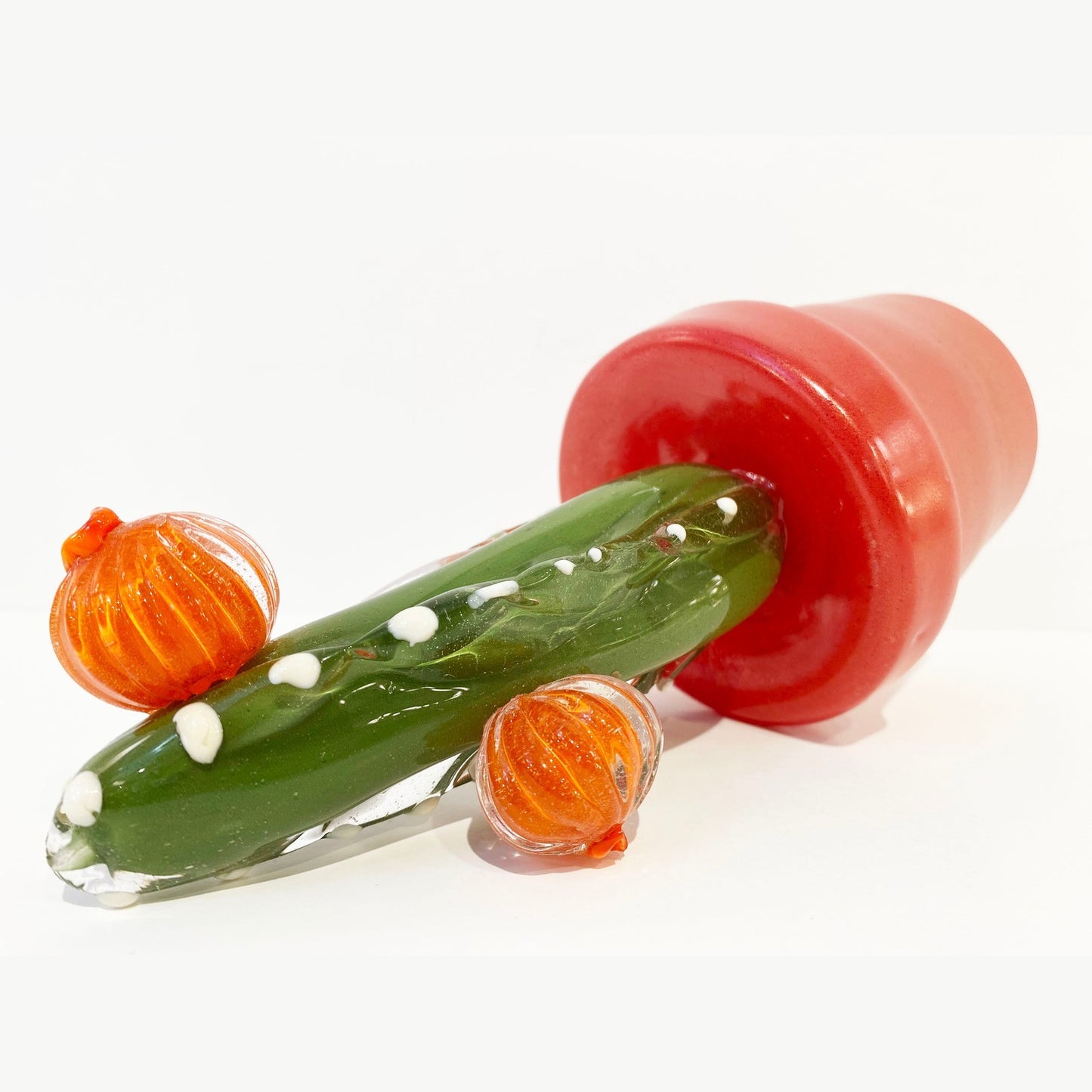 2000s Italian Moss Green Gold Murano Art Glass Cactus Plant with Orange Flowers