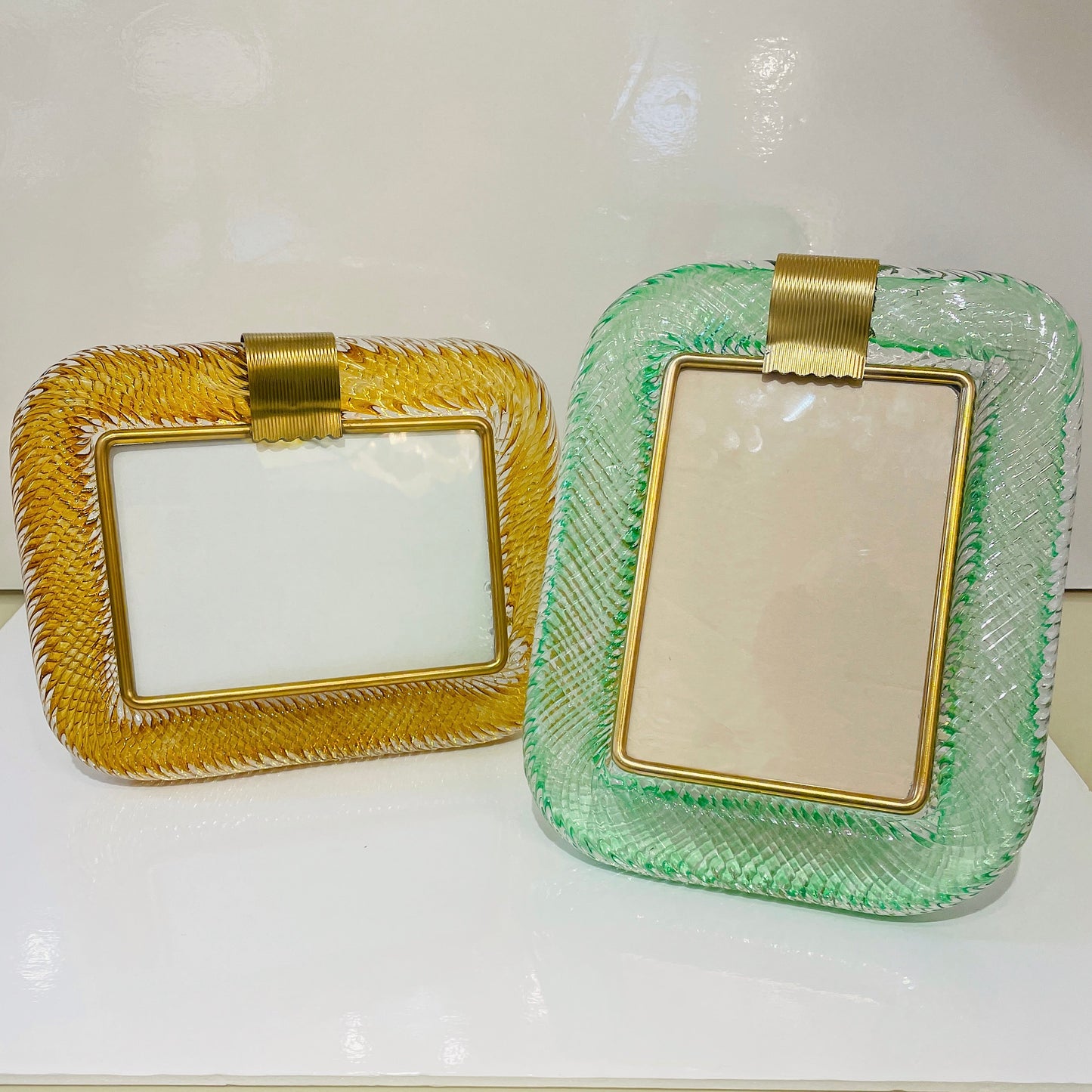 Venini 1980s Italian Vintage Emerald Green Murano Glass and Brass Picture Frame