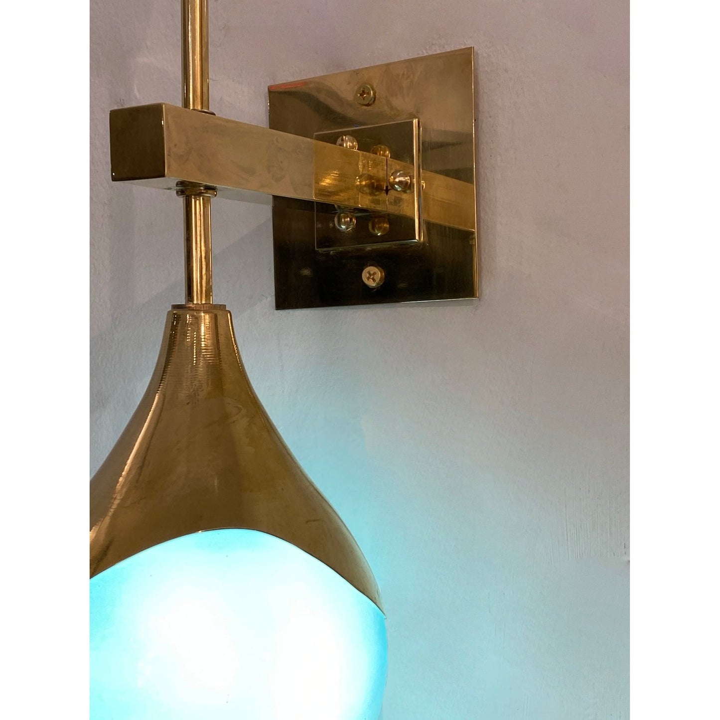 Contemporary Italian Pair of Two Globe Turquoise Murano Glass Brass Sconces