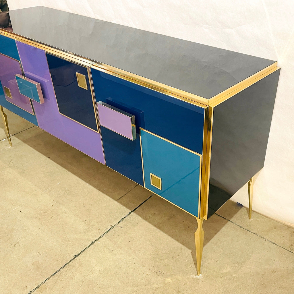 Bespoke Italian Black Purple Blue Gold Geometric Postmodern Cabinet / Sideboard
