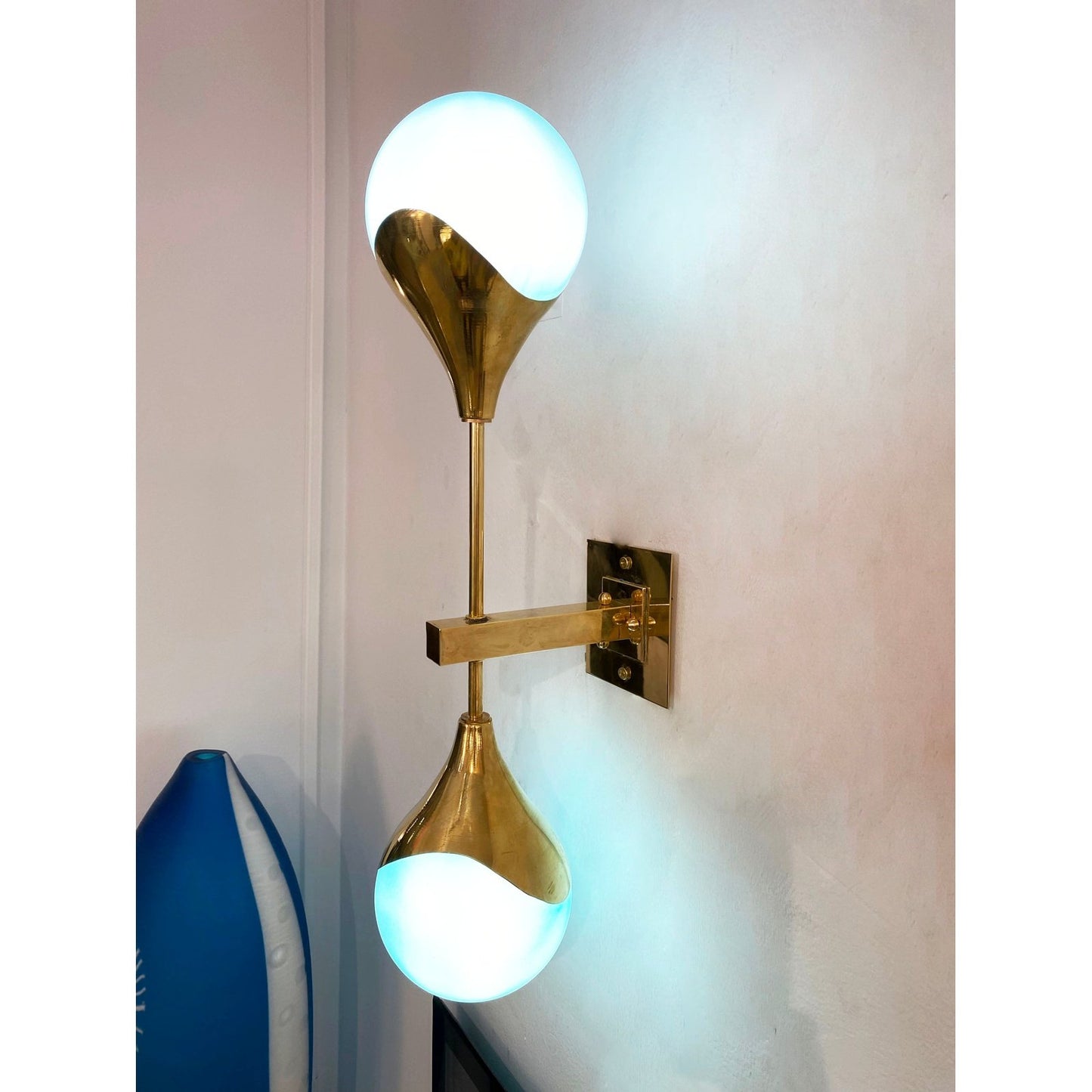 Contemporary Italian Pair of Two Globe Turquoise Murano Glass Brass Sconces