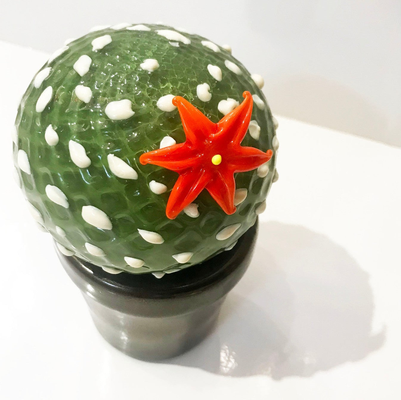 2000s Italian Moss Green White Murano Art Glass Cactus Plant with Red Flower