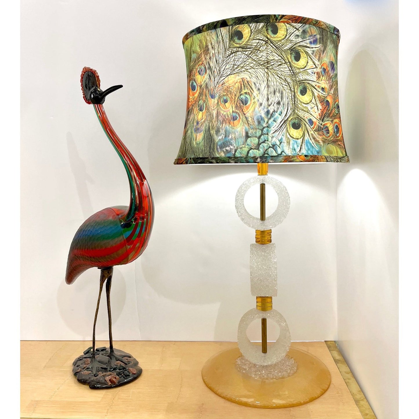 Italian 1970s Vintage Art Deco Pair of White Amber Gold Murano Glass Ring Lamps