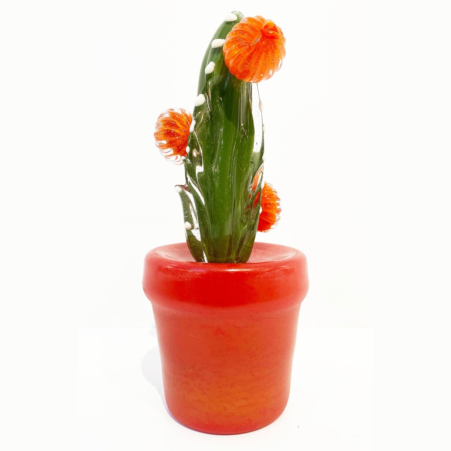 2000s Italian Moss Green Gold Murano Art Glass Cactus Plant with Orange Flowers