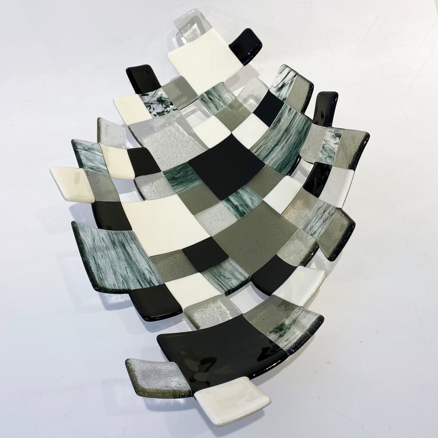 Modern Italian Art Deco Design Green Black White Smoked Art Glass Mosaic Bowl