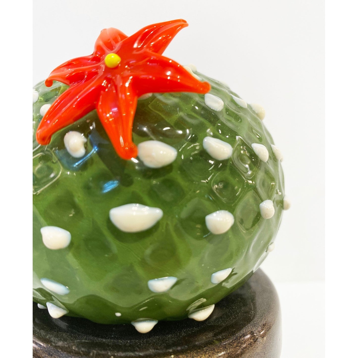 2000s Italian Moss Green White Murano Art Glass Cactus Plant with Red Flower