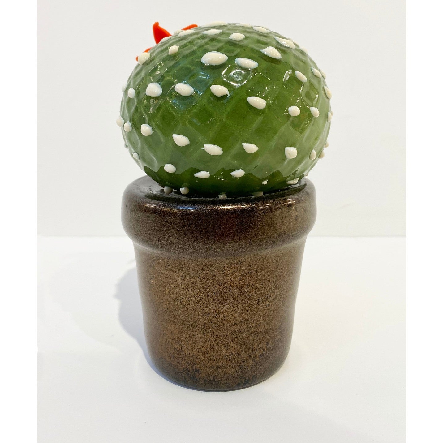 2000s Italian Moss Green White Murano Art Glass Cactus Plant with Red Flower