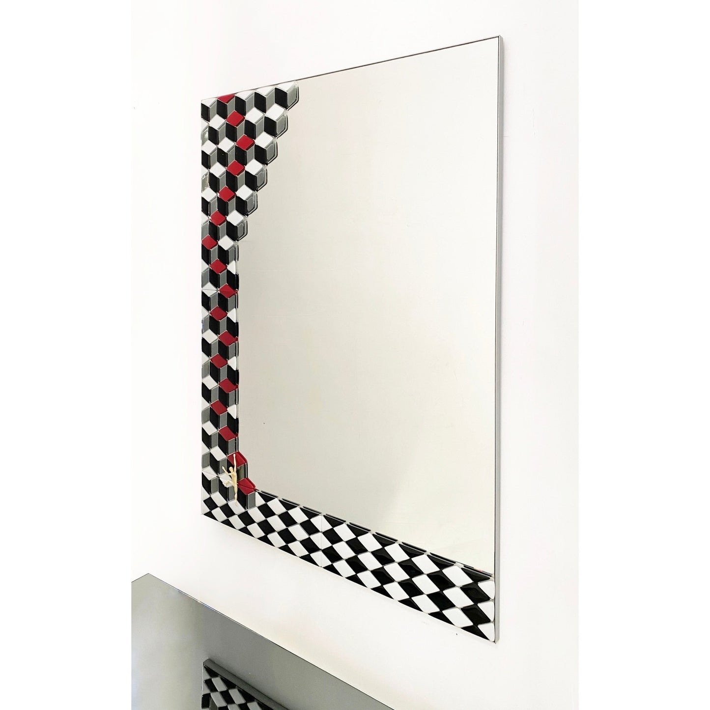 Customizable Escher Inspired Italian Red Black White Smoked Murano Glass Satin Mirror