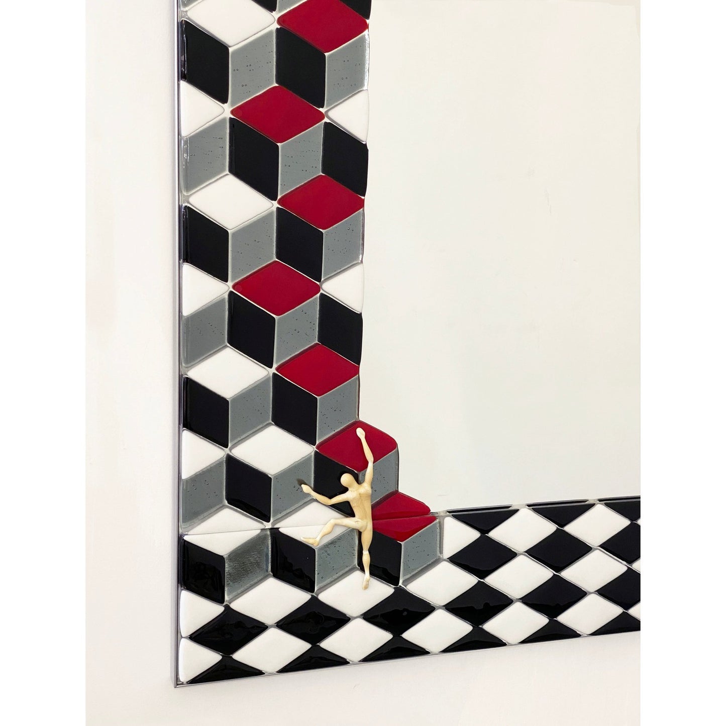 Customizable Escher Inspired Italian Red Black White Smoked Murano Glass Satin Mirror