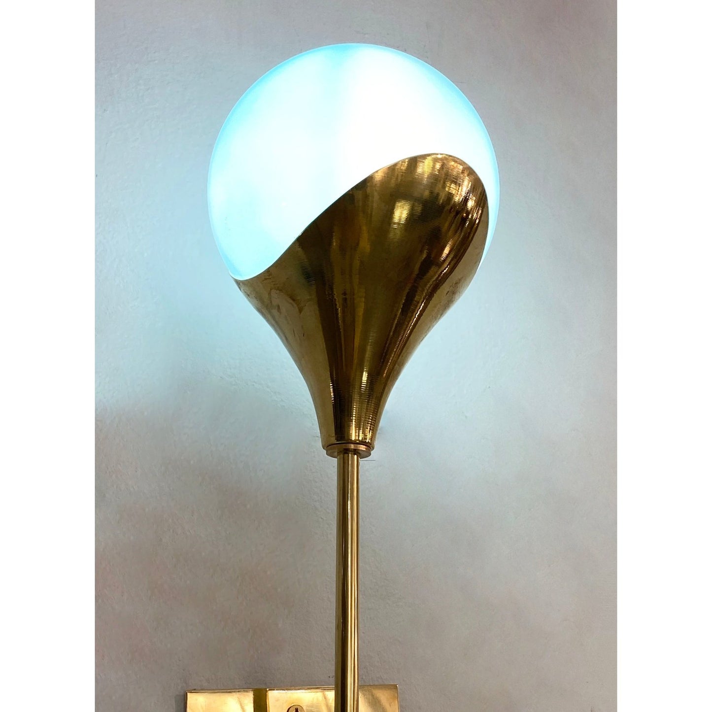 Contemporary Italian Pair of Two Globe Turquoise Murano Glass Brass Sconces