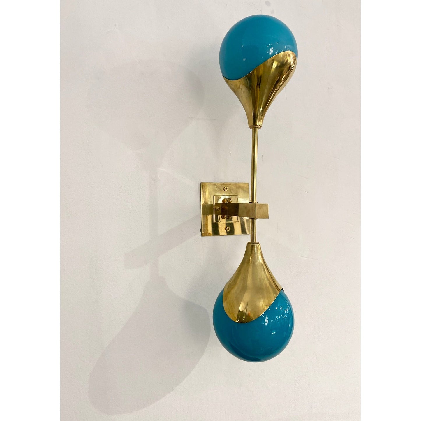 Contemporary Italian Pair of Two Globe Turquoise Murano Glass Brass Sconces