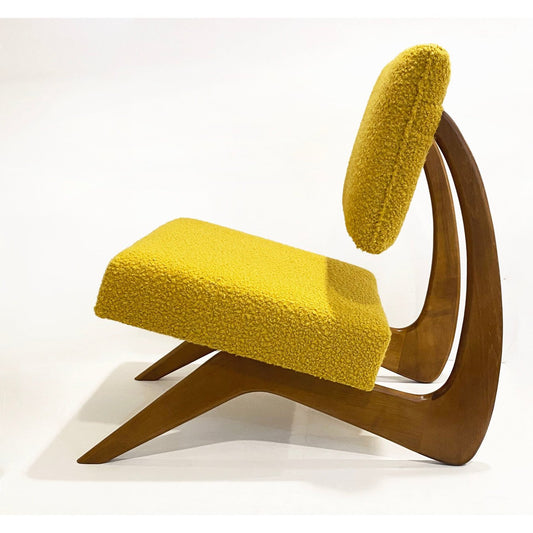 Bespoke Italian Pair of Boucle Mustard Yellow Aero Curved Beech Lounge Chairs