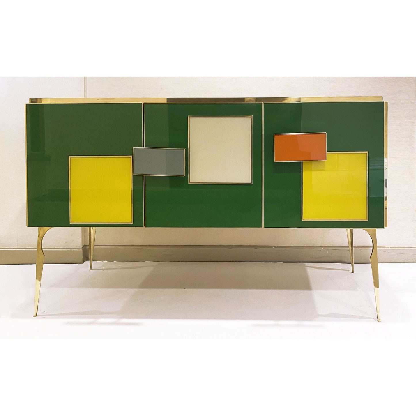 Bespoke Italian Green Orange Yellow Gray Geometric Postmodern Cabinet/Sideboard