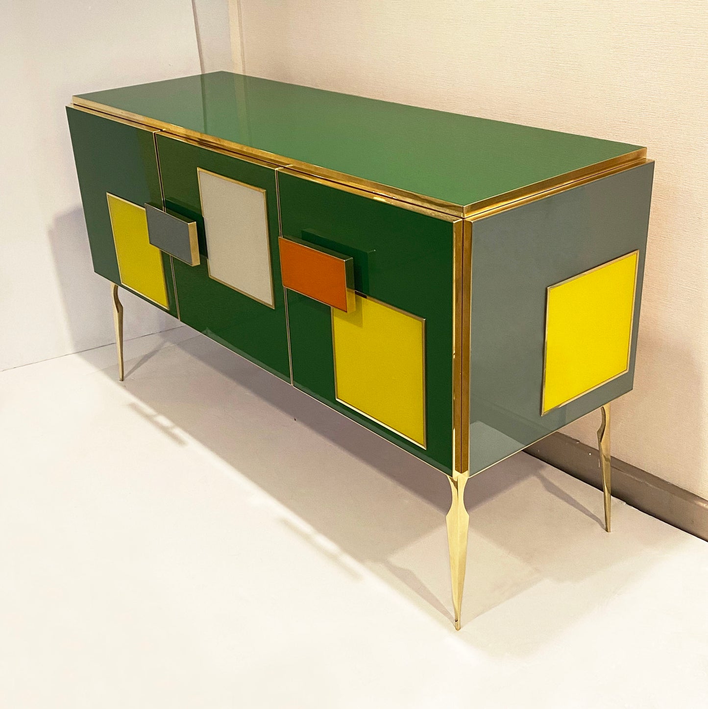 Bespoke Italian Green Orange Yellow Gray Geometric Postmodern Cabinet/Sideboard