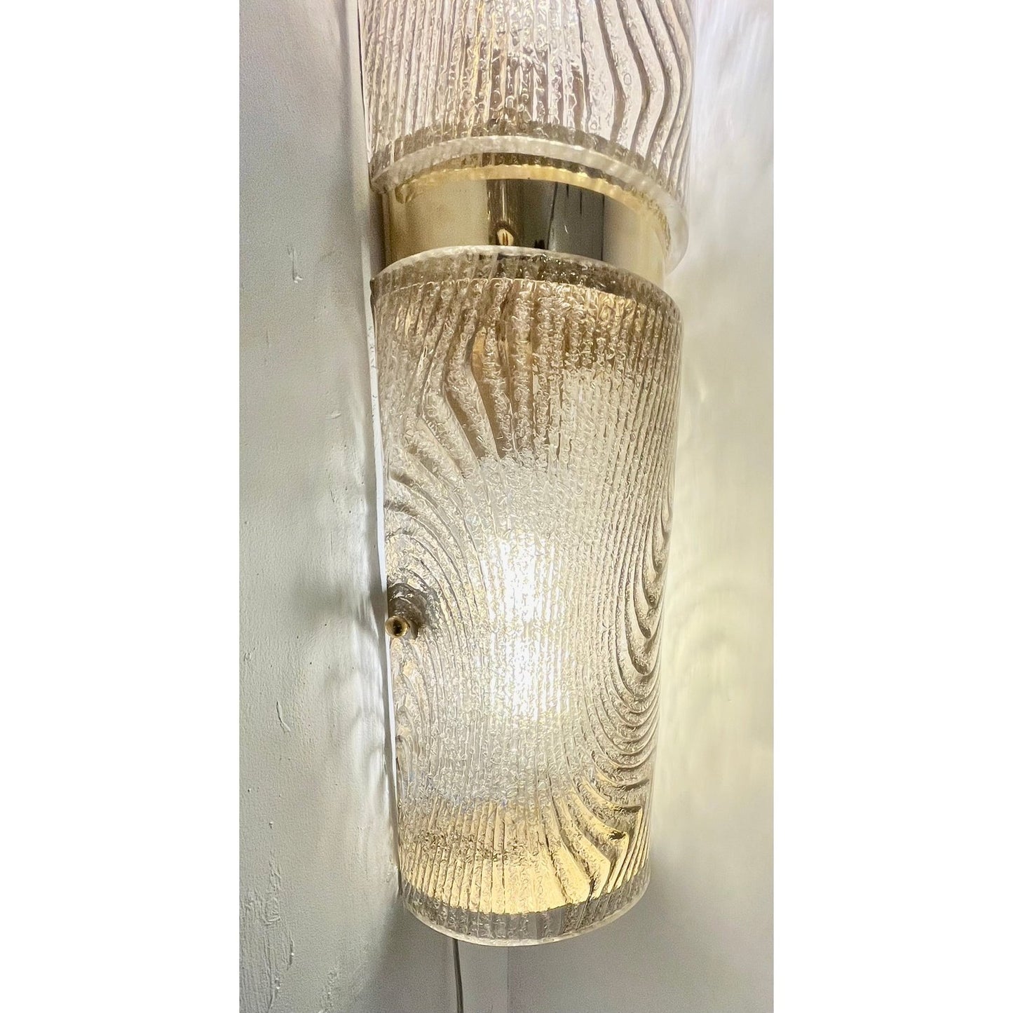 Modern Italian Pair of Smoked Frosted Murano Glass & Brass Wall / Ceiling Lights