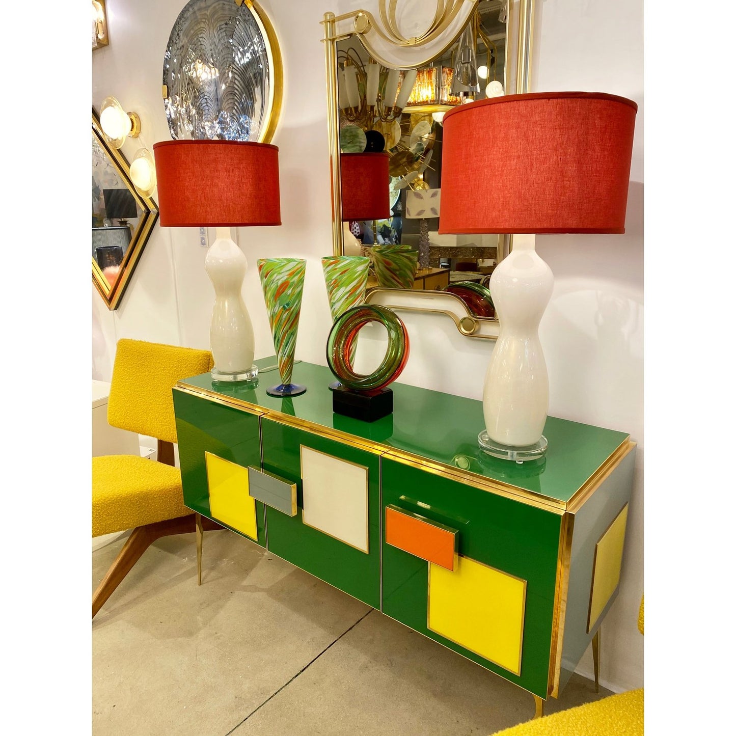 Italian Modern Pair of Cream Ivory Gold Silhouette Lamps with Terracotta shades