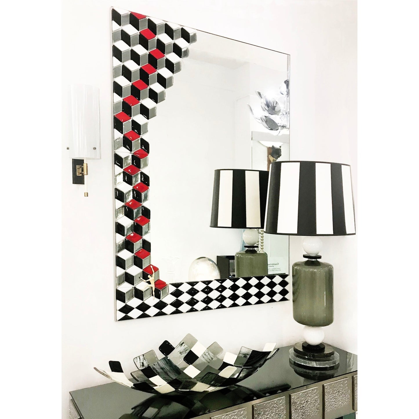 Customizable Escher Inspired Italian Red Black White Smoked Murano Glass Satin Mirror