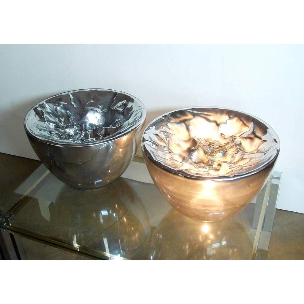 Carlo Nason Italian Large Modern Pair of Ruffled Silver Glass Bowls Lamps - Cosulich Interiors & Antiques