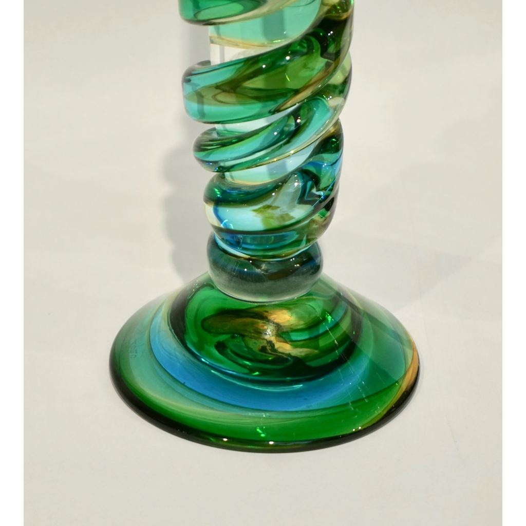 Cenedese 1970s Vintage Italian Yellow Green Aqua Blue Murano Glass Candlesticks - Cosulich Interiors & Antiques