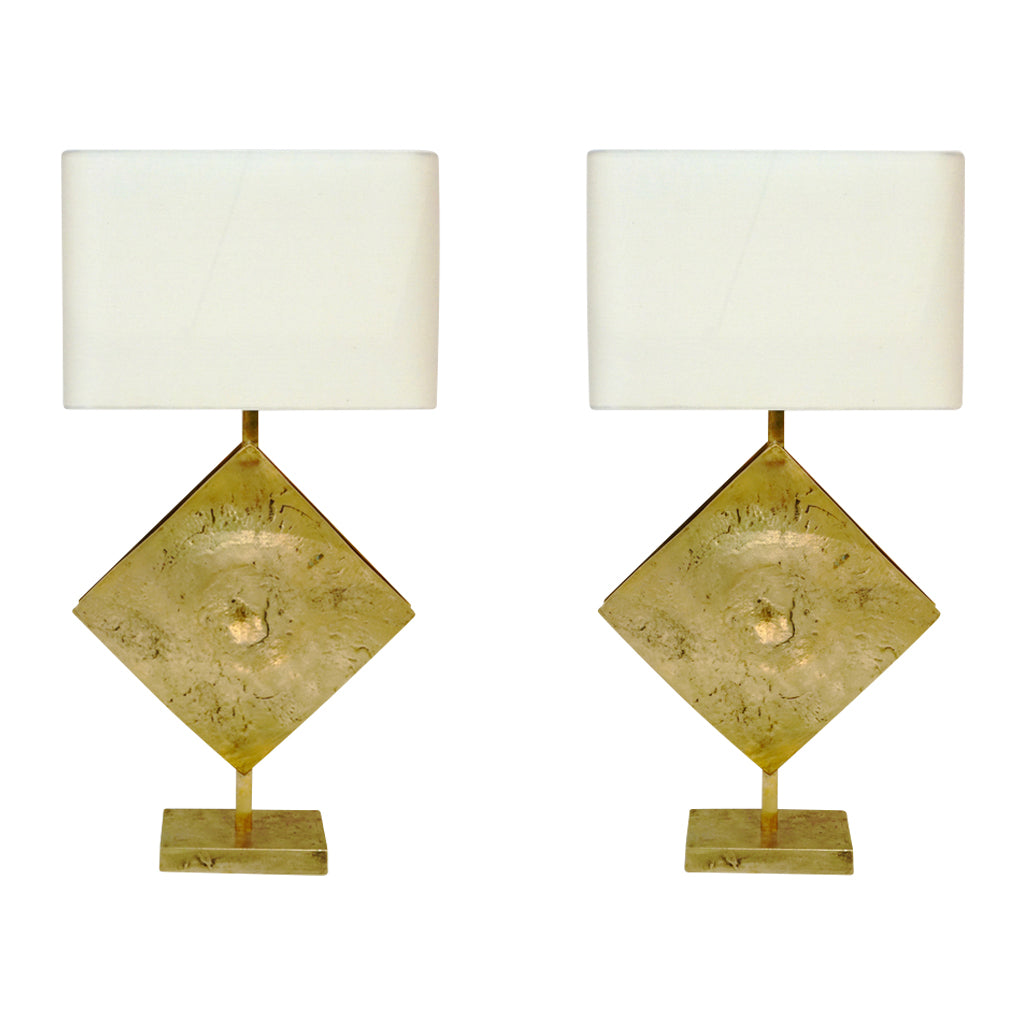 Italian Design Contemporary Pair of Brutalist Cast Bronze Double Lit Lamps - Cosulich Interiors & Antiques