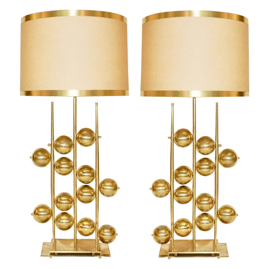 Italian Contemporary Fine Design Pair of Organic Gold Brass Lamps with Spheres - Cosulich Interiors & Antiques