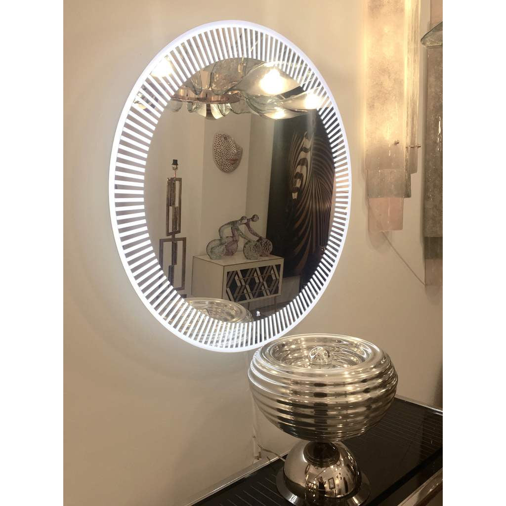 Contemporary Italian Organic Modern Round Lit Mirror with White Sunburst Decor - Cosulich Interiors & Antiques