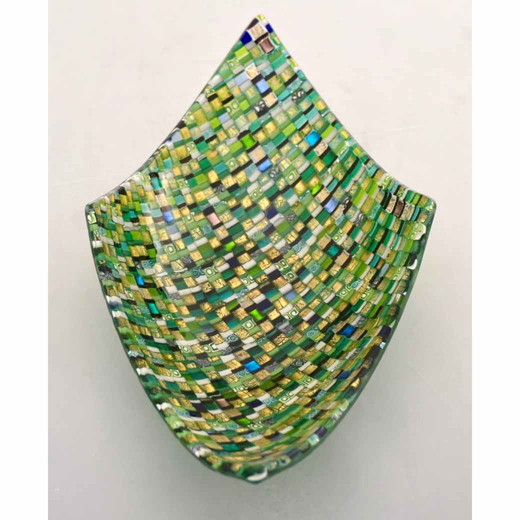 Modern Italian Jewel-Like Green Yellow & 24Kt Gold Murano Art Glass Mosaic Bowl - Cosulich Interiors & Antiques