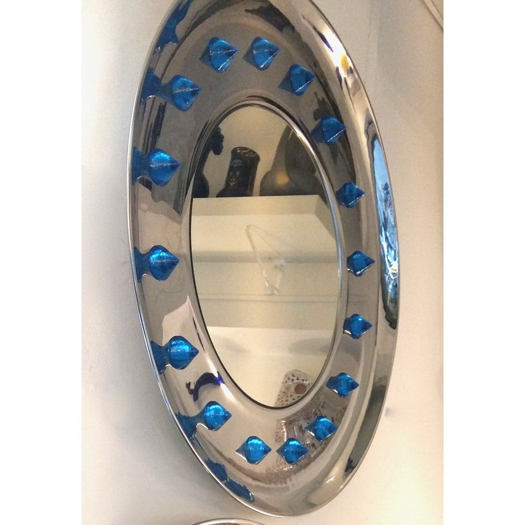 Contemporary Italian Modern Chromed Round Mirror with Jewel Like Blue Glass Spikes - Cosulich Interiors & Antiques