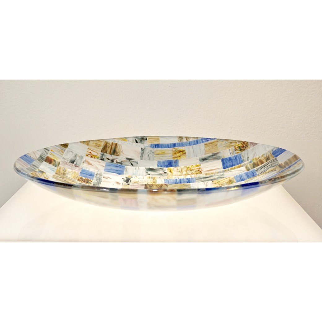 Contemporary Italian Blue Pink Yellow Copper Murano Art Glass Mosaic Centerpiece - Cosulich Interiors & Antiques