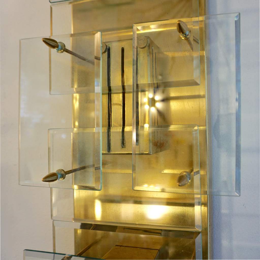 1980s Italian Pair of Modern Gold Brass Monumental Sconces with Aqua Tint Glass - Cosulich Interiors & Antiques