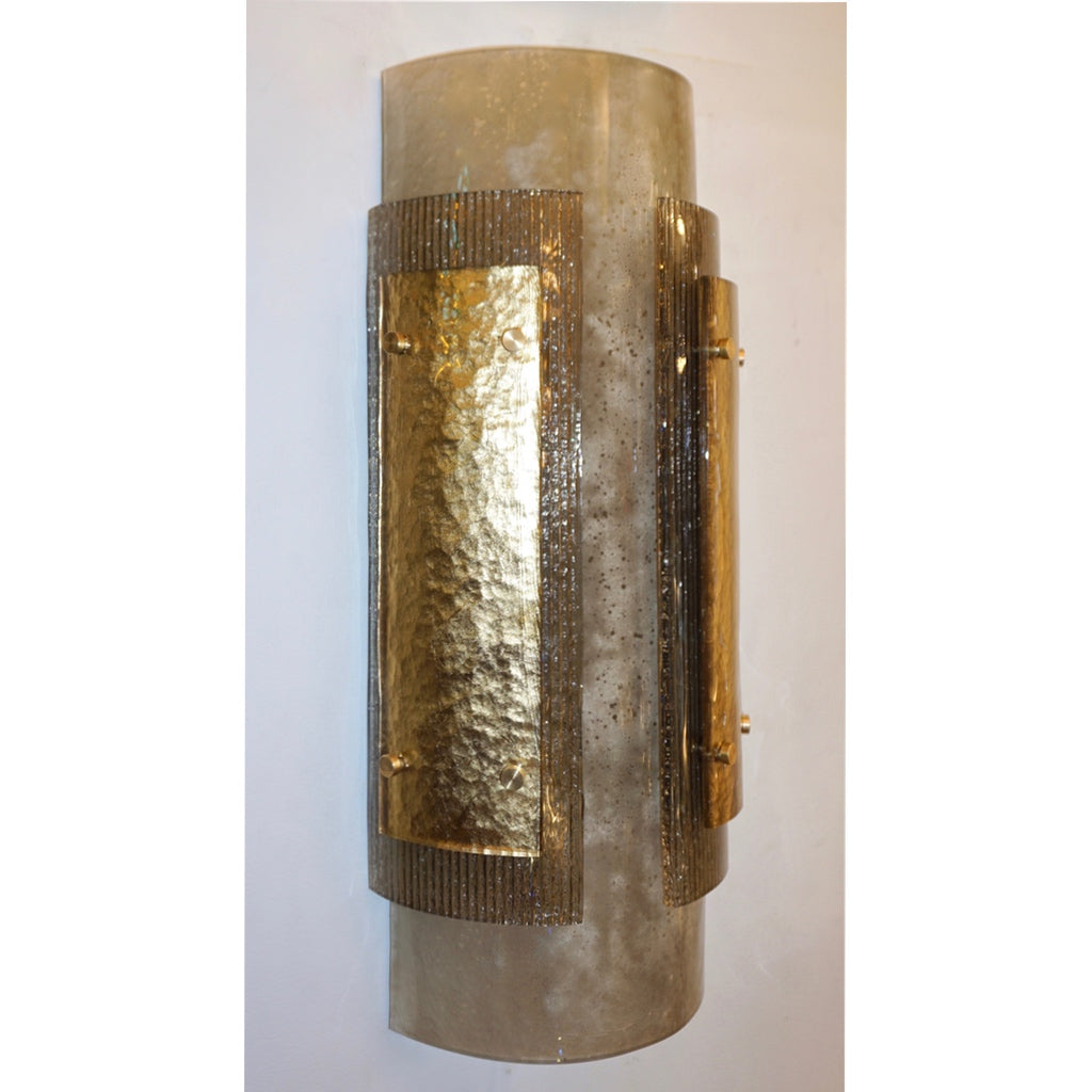 Italian Pair of Modern Gold Smoked Gray and Frosted Ivory Murano Glass Sconces