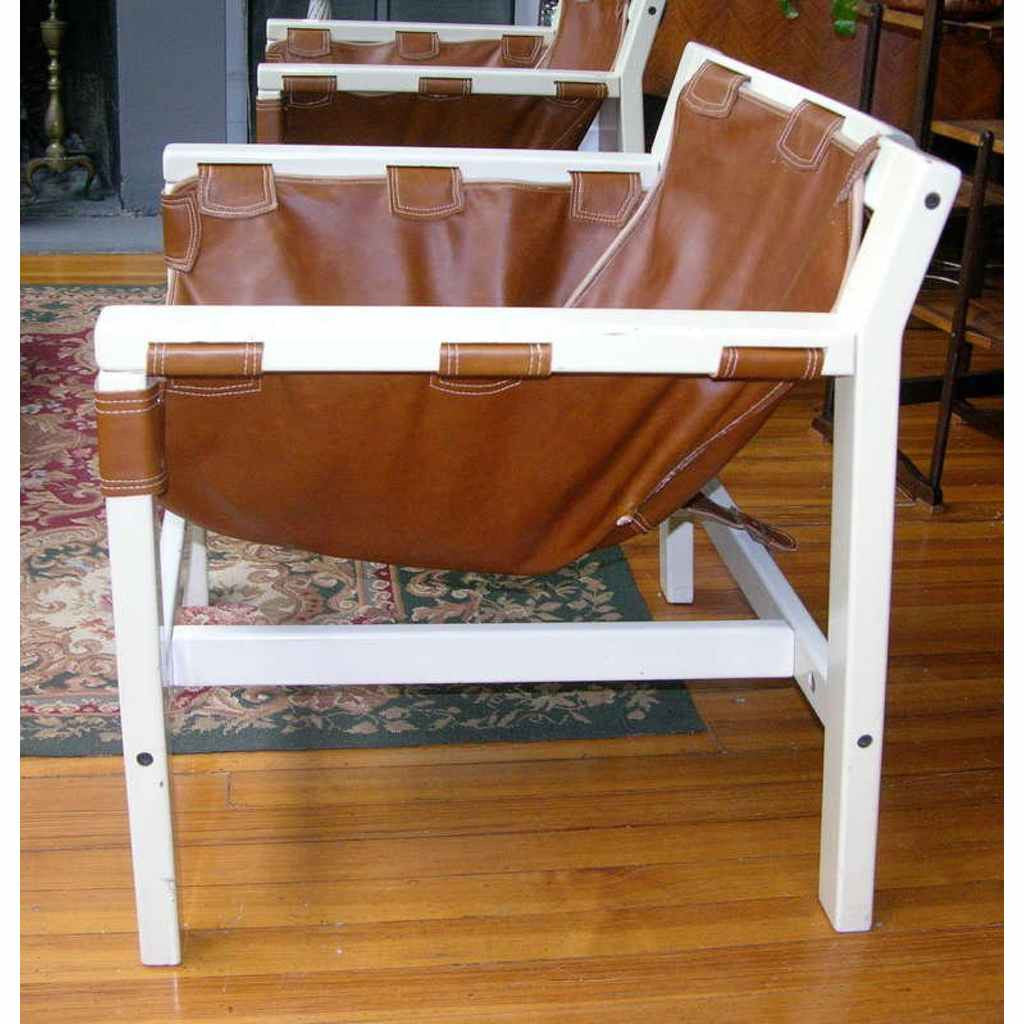 1970s Italian Design Pair of Safari Brown Leather and White Lacquered Armchairs by Karl Hauner - Cosulich Interiors & Antiques