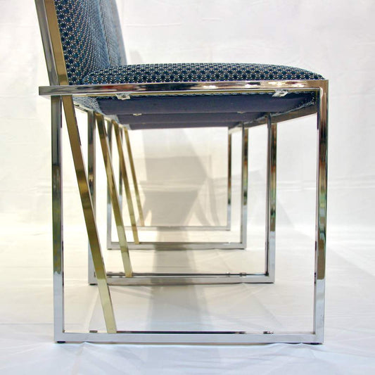 1970s Italian Six Brass and Chrome Modern Chairs, Blue and White Fabric - Cosulich Interiors & Antiques