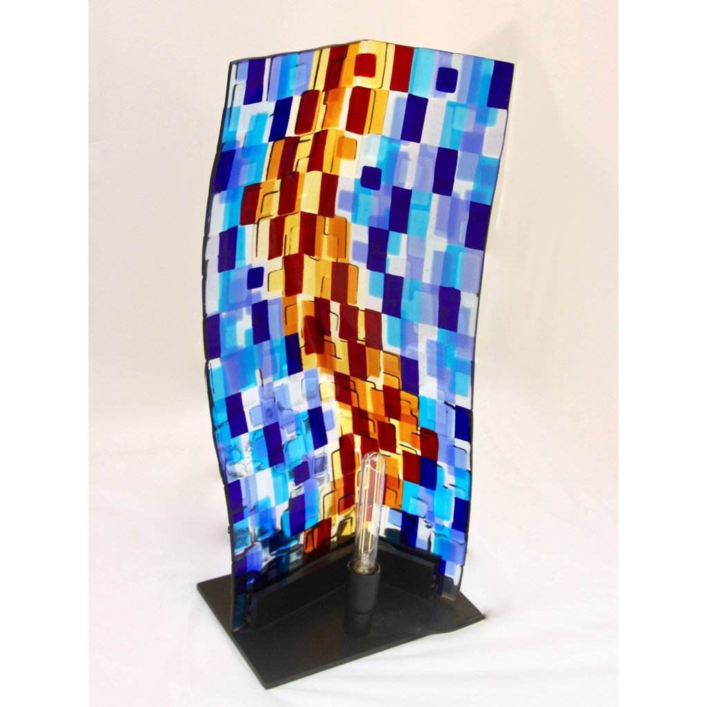 Contemporary Italian Aqua Blue Red Yellow Murano Glass Mosaic Sculpture Lamp - Cosulich Interiors & Antiques