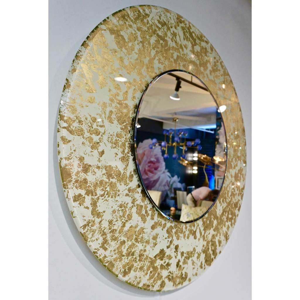 Contemporary Italian Organic Modern Ivory White and Gold Leaf Round Lit Mirror - Cosulich Interiors & Antiques
