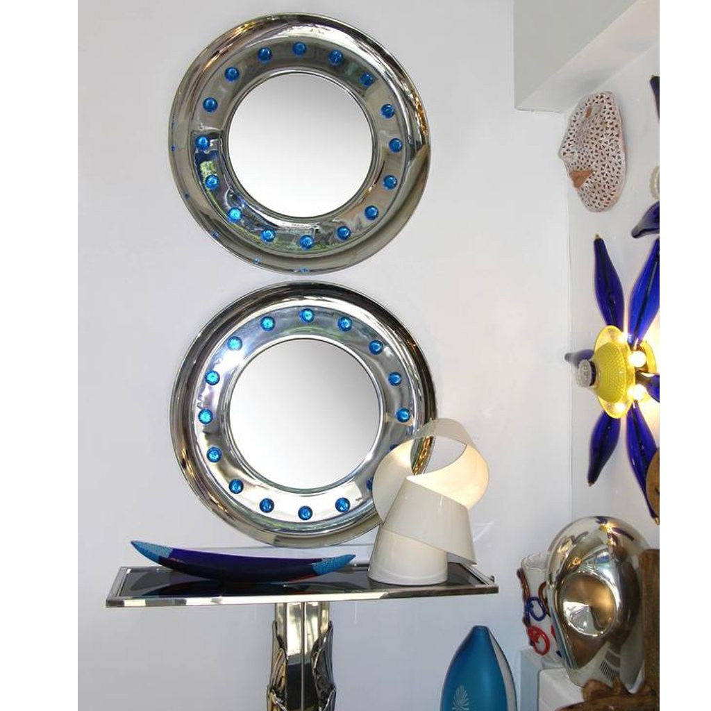 Contemporary Italian Modern Chromed Round Mirror with Jewel Like Blue Glass Spikes - Cosulich Interiors & Antiques