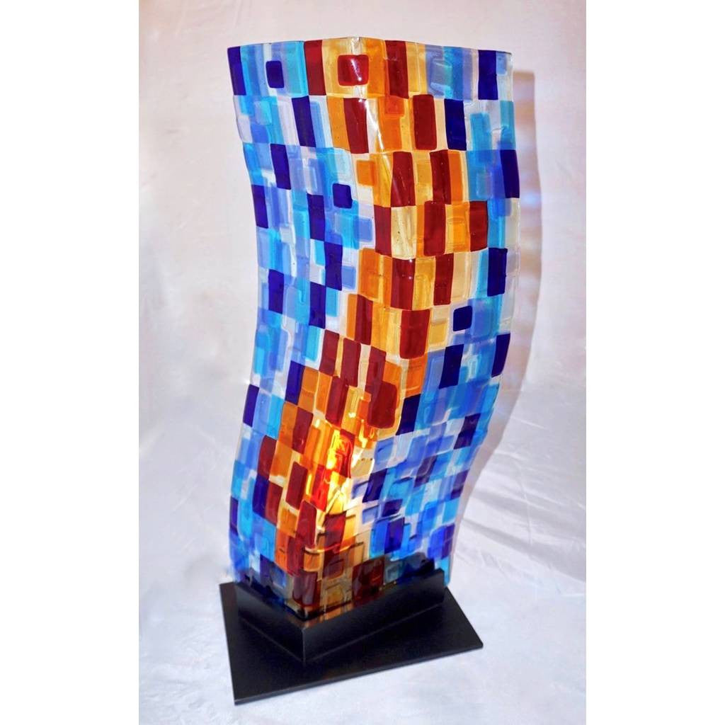 Contemporary Italian Aqua Blue Red Yellow Murano Glass Mosaic Sculpture Lamp - Cosulich Interiors & Antiques