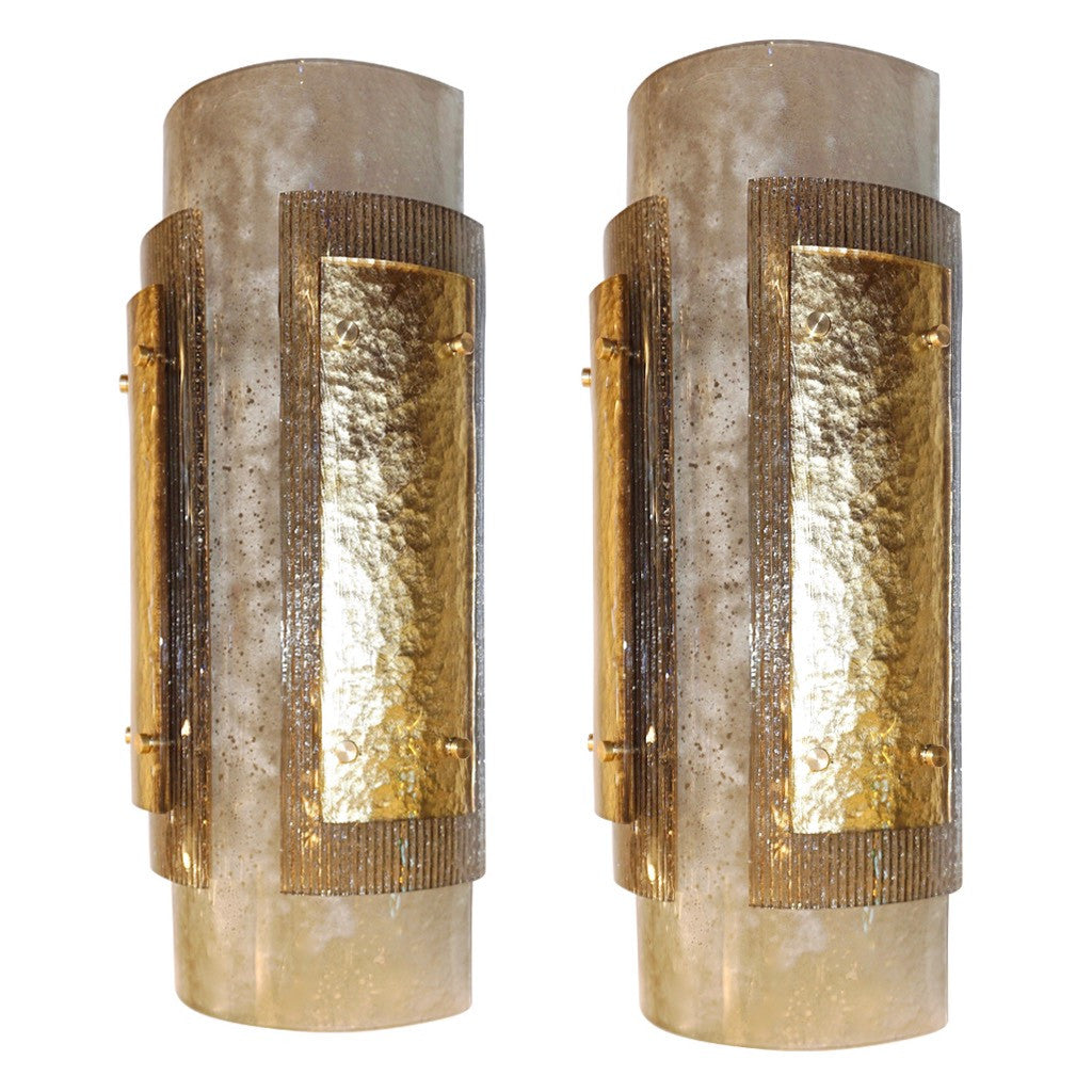 Italian Pair of Modern Gold, Smoked Gray and Frosted Ivory Murano Glass Sconces - Cosulich Interiors & Antiques