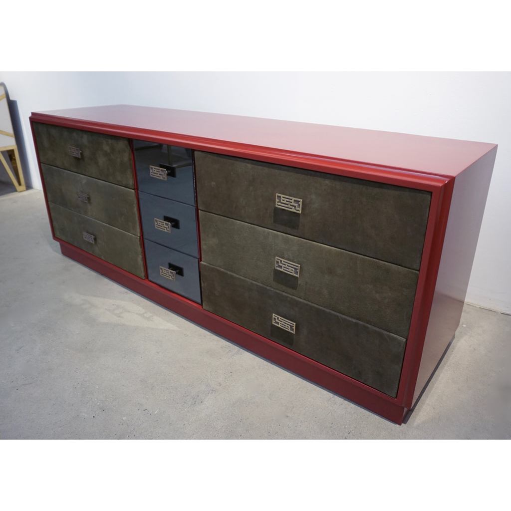 1970 Italian Green Leather Burgundy Lacquer Dresser with Mirror & Bronze Accents - Cosulich Interiors & Antiques