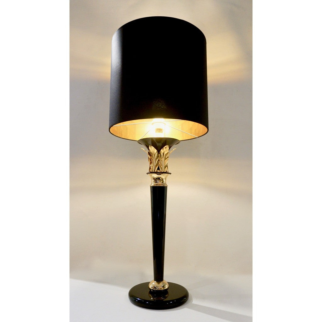 1970 Italian Hollywood Regency Pair of Black Lacquered and Gold Leaf-Motif Lamps - Cosulich Interiors & Antiques