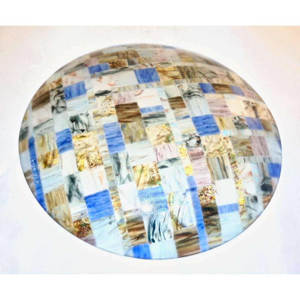 Contemporary Italian Blue Pink Yellow Copper Murano Art Glass Mosaic Centerpiece - Cosulich Interiors & Antiques