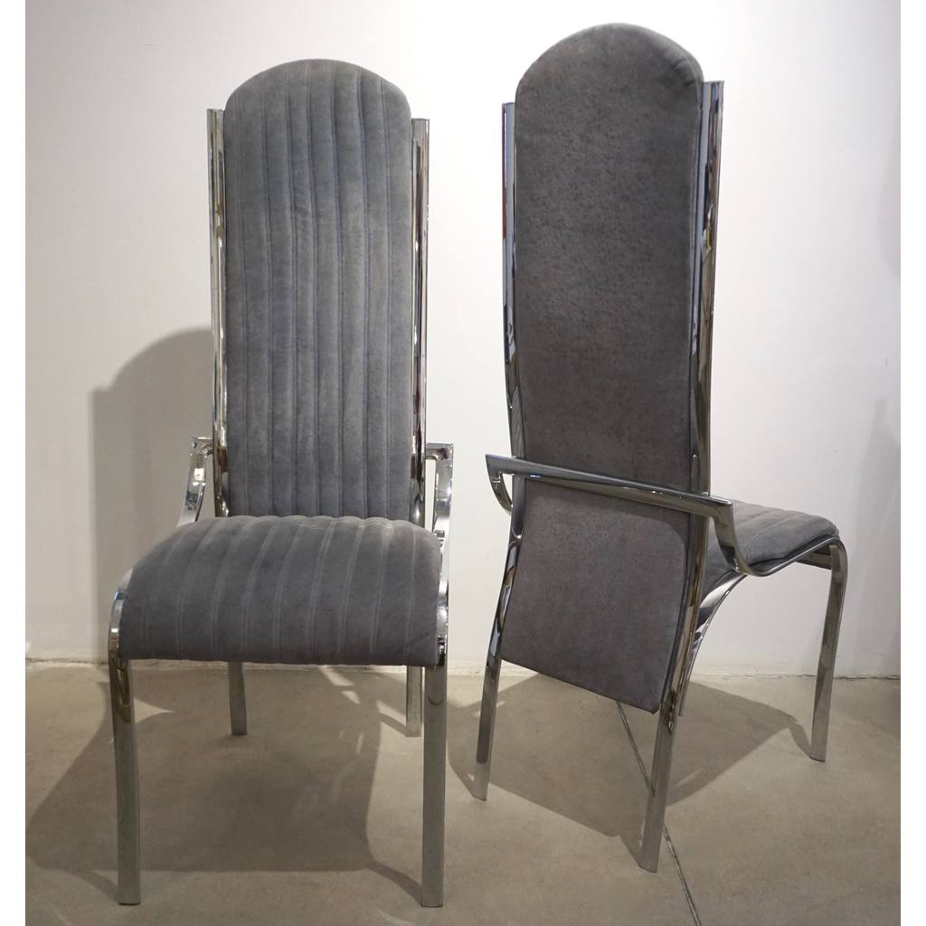 1970 Italian Vintage 4 Curved High Back Chrome Chairs in Blue Gray Stitch Fabric - Cosulich Interiors & Antiques