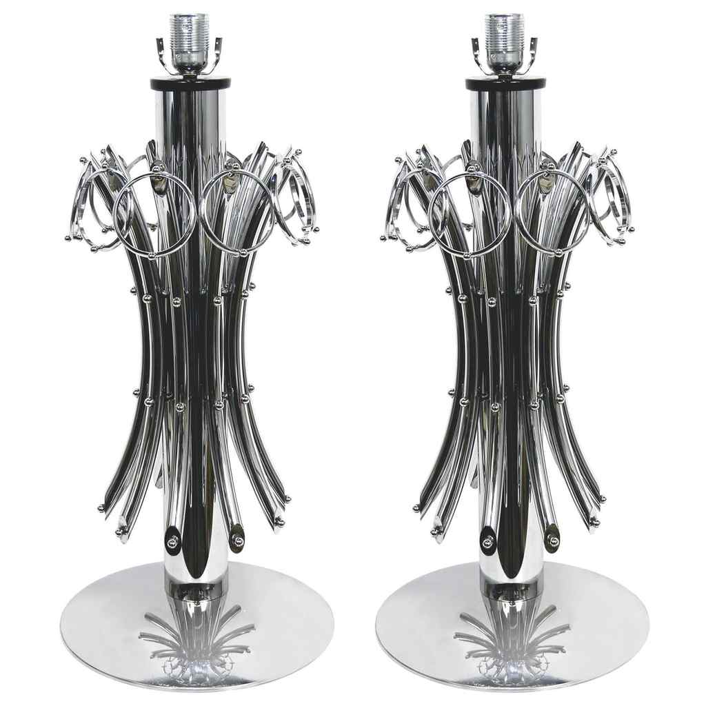 1970s Italian Vintage Tall Pair of Organic Nickel Table Lamps with Pendant Rings - Cosulich Interiors & Antiques