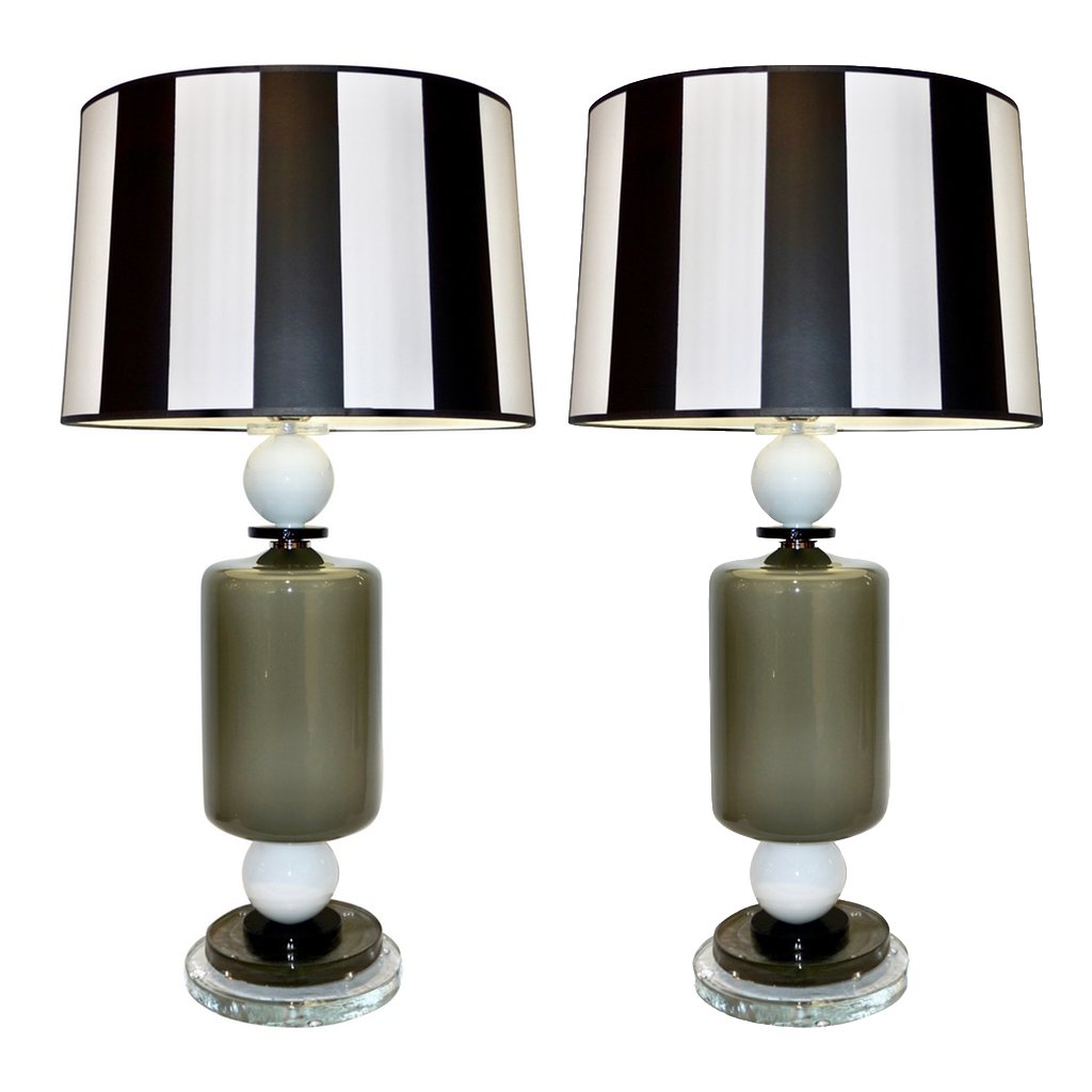 1980s Italian Geometric Pair of White Black and Silver Gray Murano Glass Lamps - Cosulich Interiors & Antiques
