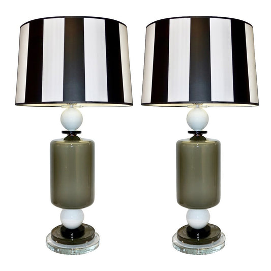1980s Italian Geometric Pair of White Black and Silver Gray Murano Glass Lamps - Cosulich Interiors & Antiques