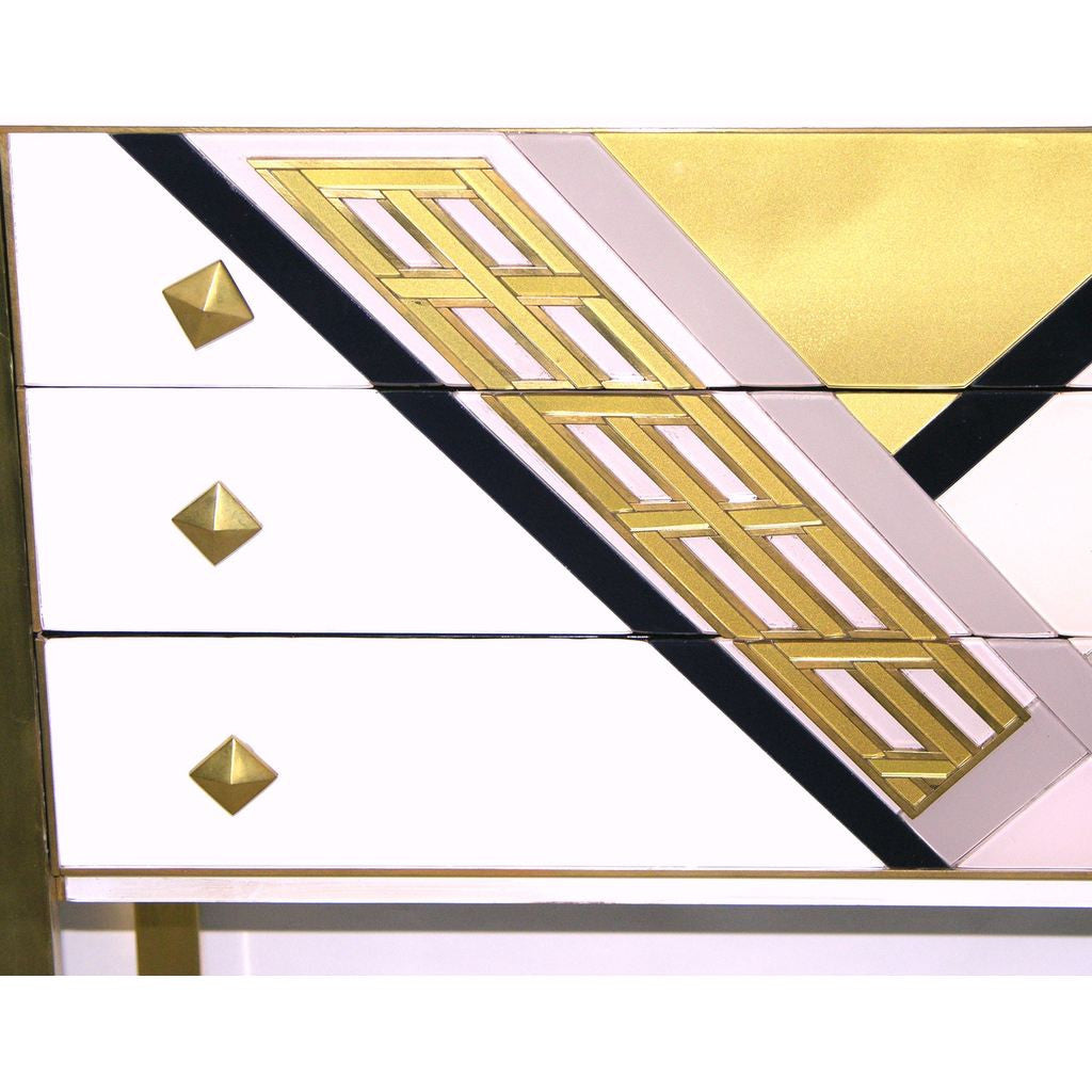1990s Italian Unique White Black and Gold Chest or Sideboard on Brass Legs - Cosulich Interiors & Antiques