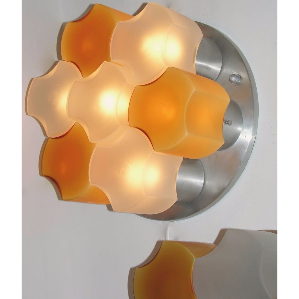 Martinelli Luce 1963 Rare Pair of White and Orange Glass Wall or Flush Lights - Cosulich Interiors & Antiques