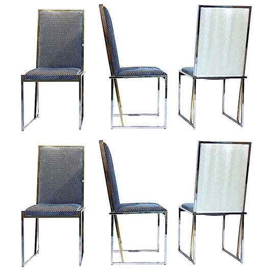 1970s Italian Six Brass and Chrome Modern Chairs, Blue and White Fabric - Cosulich Interiors & Antiques