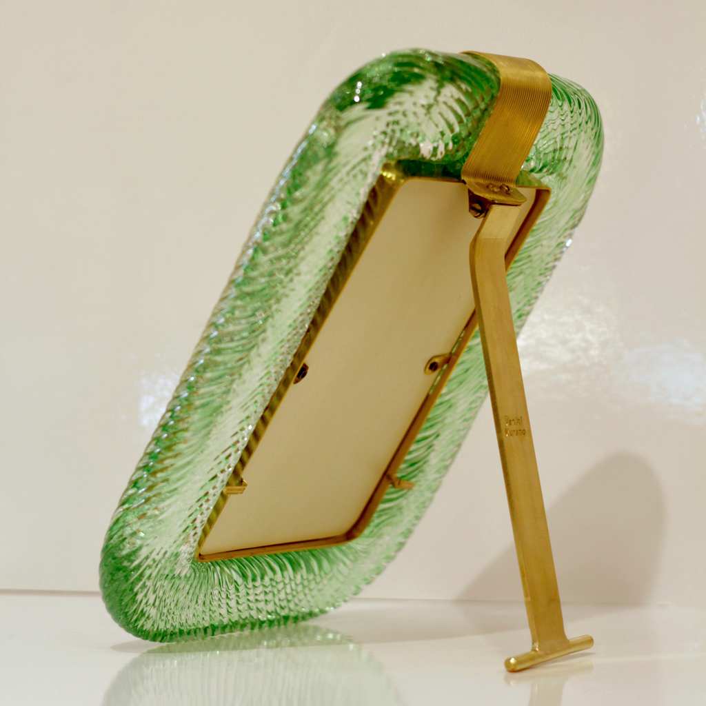 Venini 1980s Italian Vintage Emerald Green Murano Glass and Brass Picture Frame